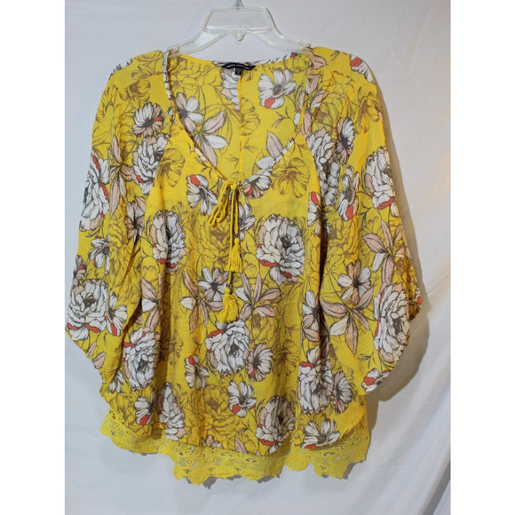 Unique Spectrum Yellow Floral Flare S/S Top Women's 2X Tassels Lace Hem Pullover - Picture 10 of 14